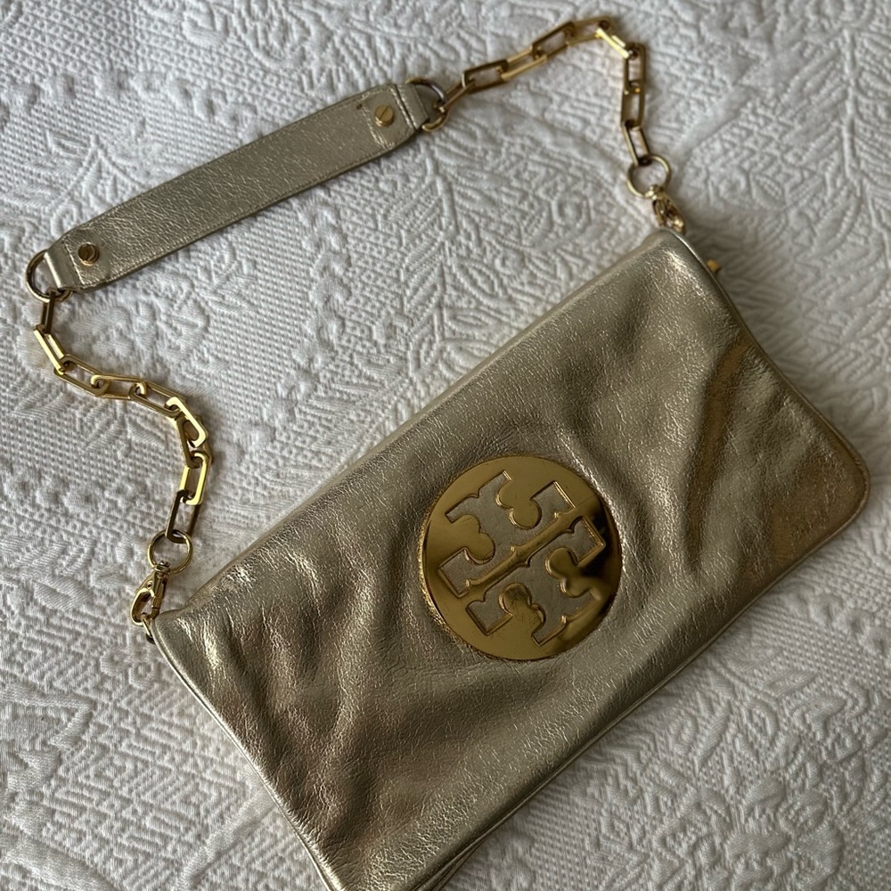 Tory Burch Reva Gold Metallic Clutch with Chain Strap